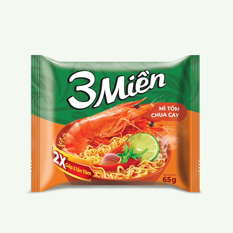 Mì 3 Miền Tôm Chua Cay gói 65g Thùng 30 gói ( Tặng thêm 2 gói trong thùng )